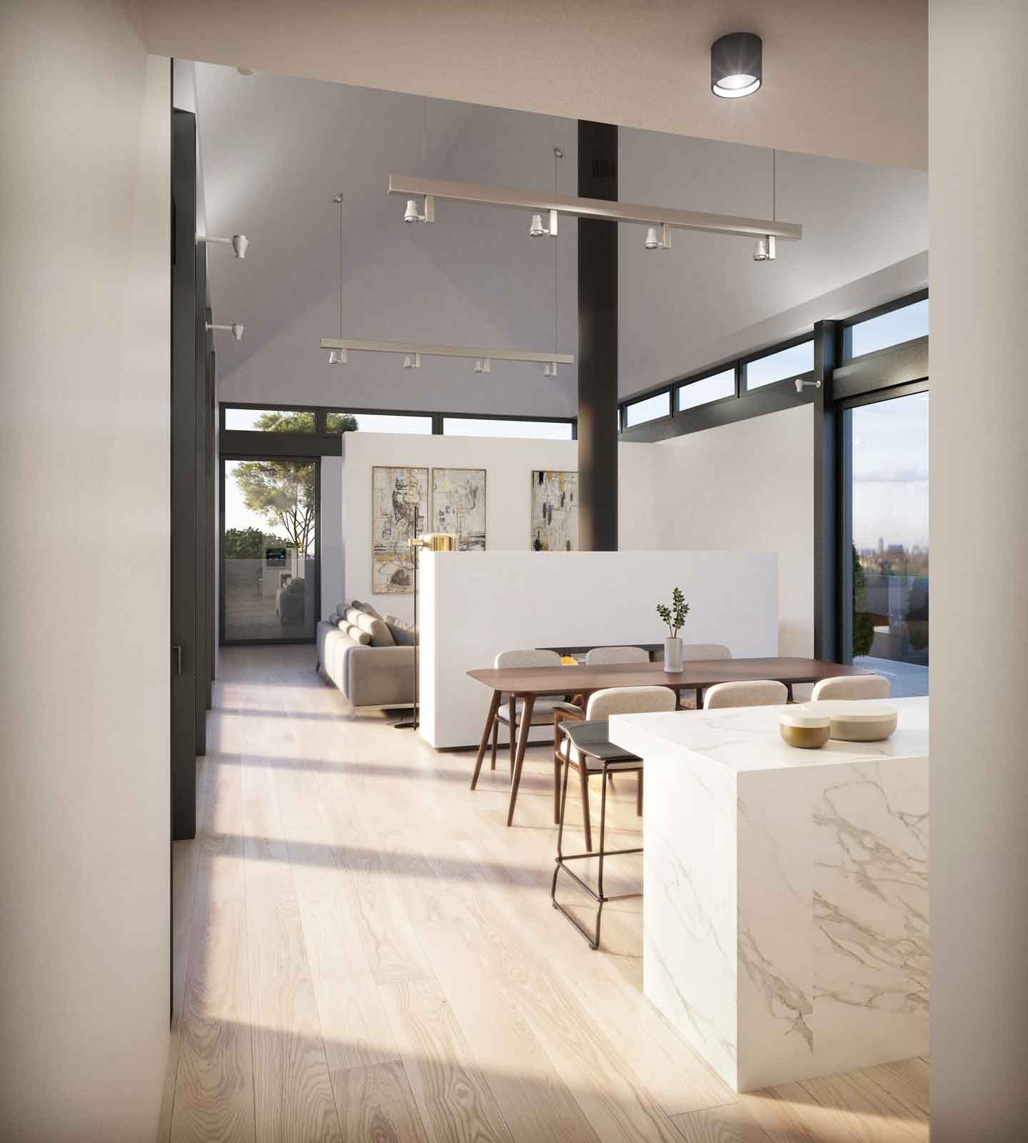 Kitchen, dinning room and living room of the 'Omeath project' designed by 'Dublin Design Studio'