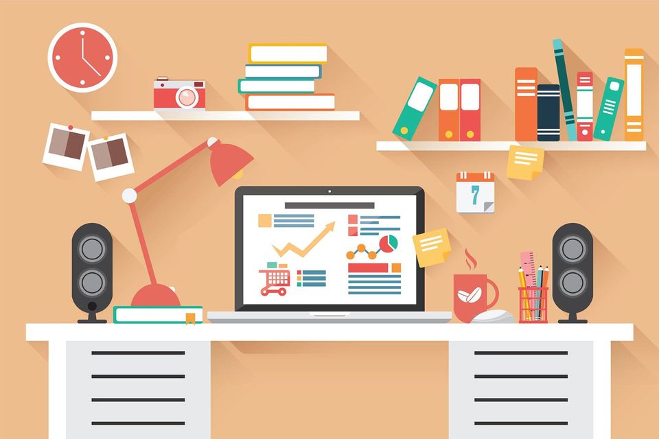 A cartoon picture of someones work desk with a computer, speakers, lamp, books etc.