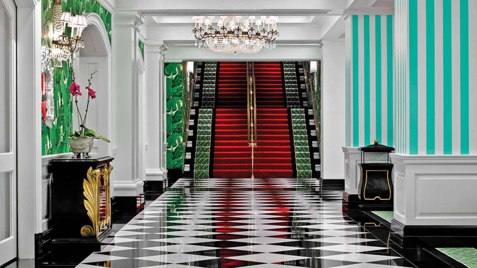 The mezzanine of the Greenbrier Hotel designed by famous interior designer Dorothy Draper