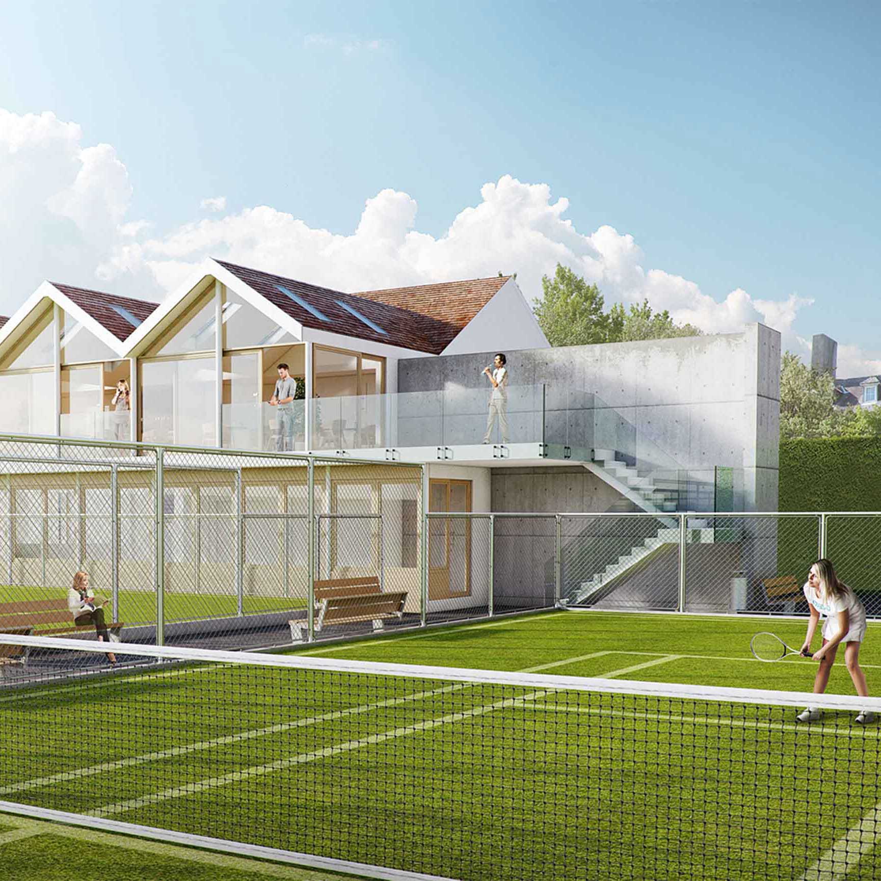 Exterior view of the clubhouse refurbishment for urban tennis club
