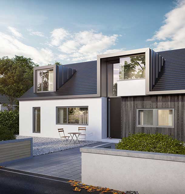 An artist 's impression of a modern house with a black roof.