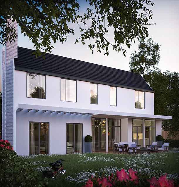 An artist 's impression of a white house with a black roof