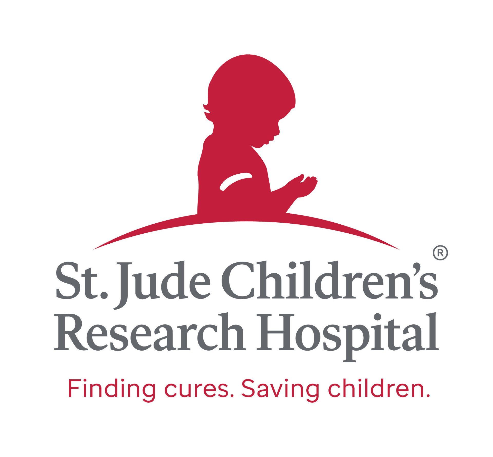 The logo for st. jude children 's research hospital shows a silhouette of a child praying.