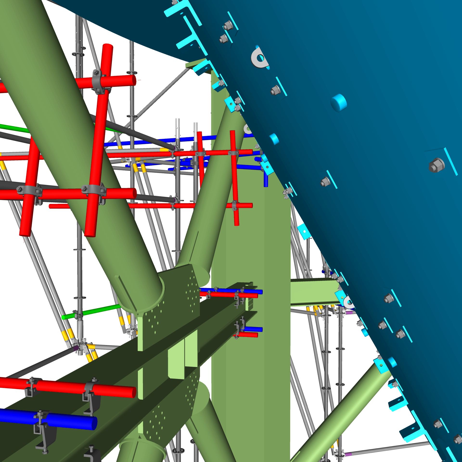 3D model of intersecting colored pipes and structural beams inside an industrial framework