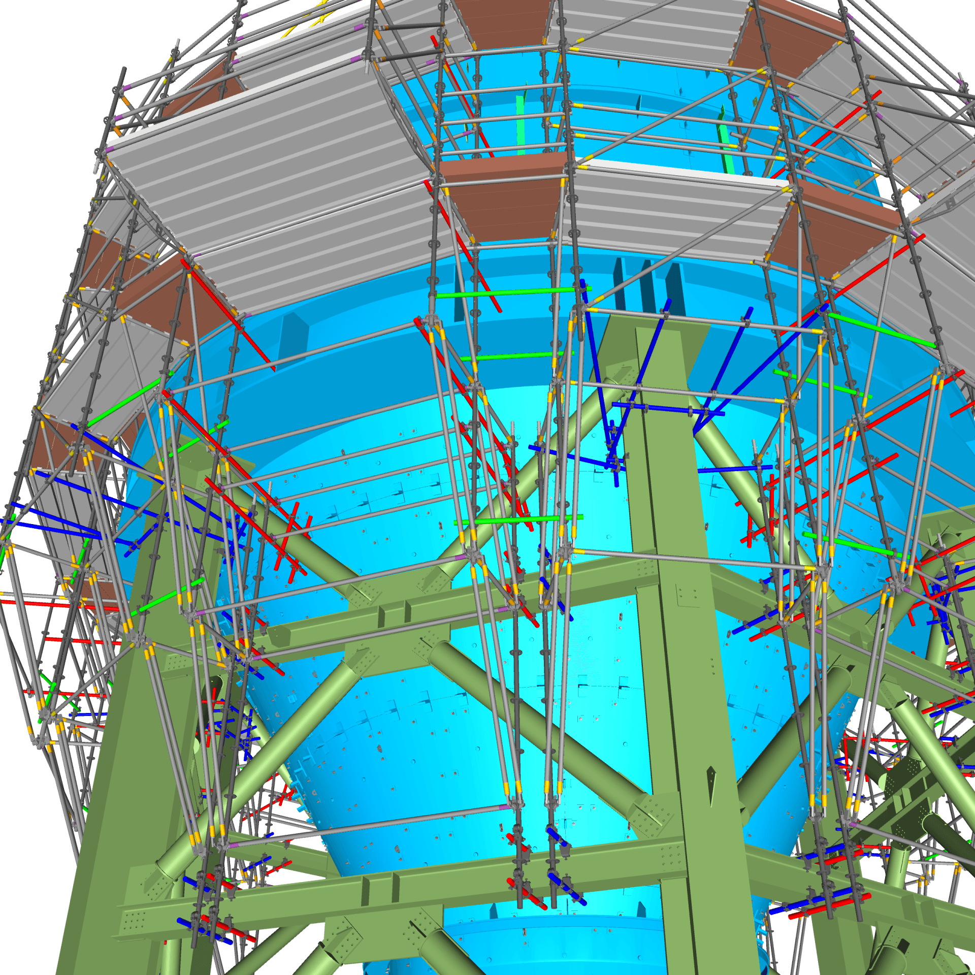 Colorful 3D structural model of a building interior with beams, scaffolding, and blue highlighted surfaces