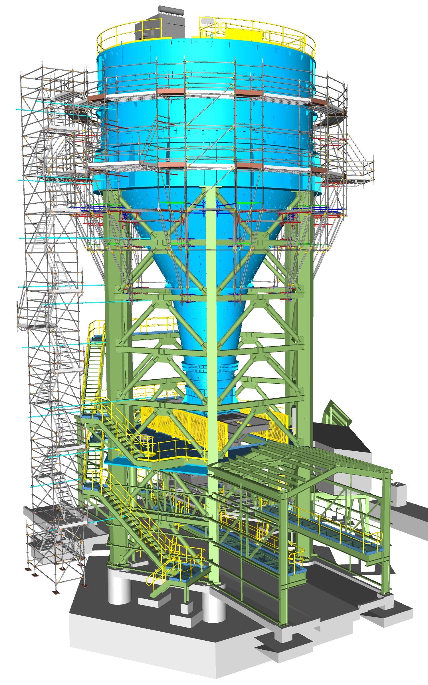 3D rendering of a large blue industrial silo on a green steel support frame with equipment below