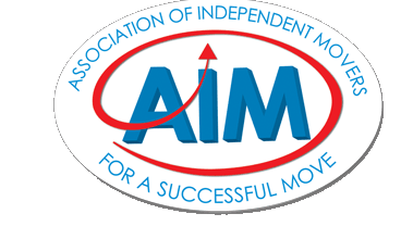 Logo: AIM, Association of Independent Movers, blue letters, red arrow, and a red oval on white background.