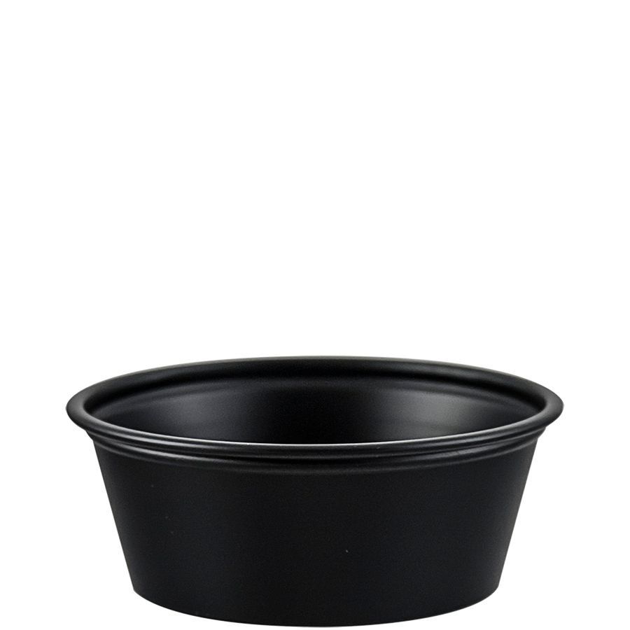 1.5 oz black souffle cup for dips and catering condiment service