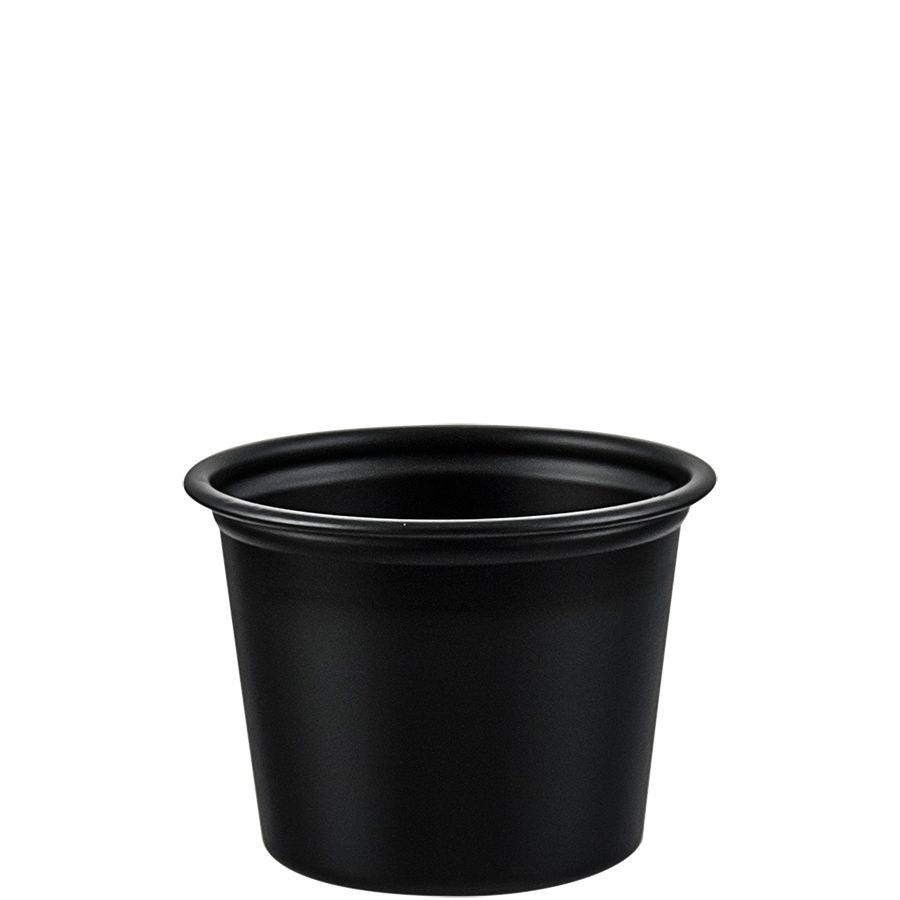 1 oz black souffle cup for sauces, deli sides, and catering use