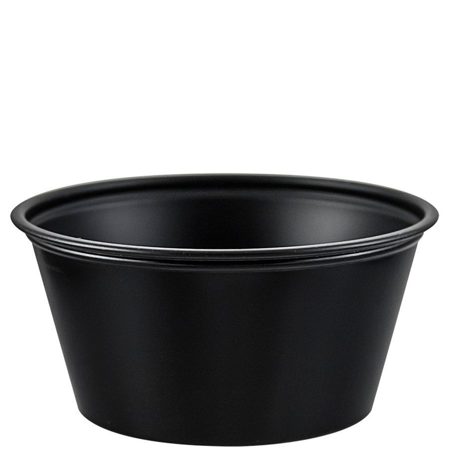 3.5 oz black souffle cup for sauces, sides, and dressings
