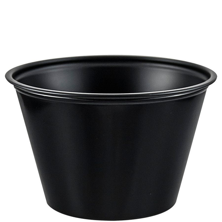4 oz black souffle cup for dressings, dips, and takeout sides