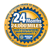 NAPA AutoCare warranty badge: 24 months, 24,000 miles, nationwide, honored at convenient locations.