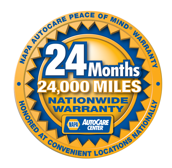 NAPA AutoCare warranty badge: 24 months, 24,000 miles, nationwide, honored at convenient locations.