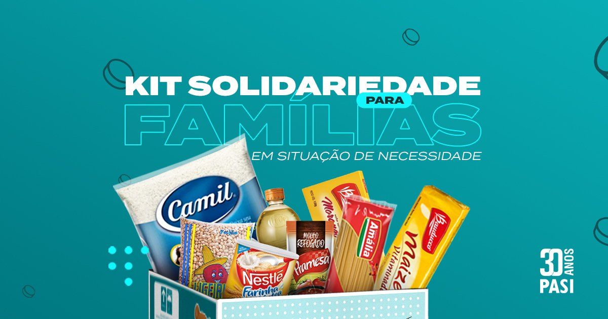 Uma caixa cheia de uma variedade de itens alimentares em um fundo azul.