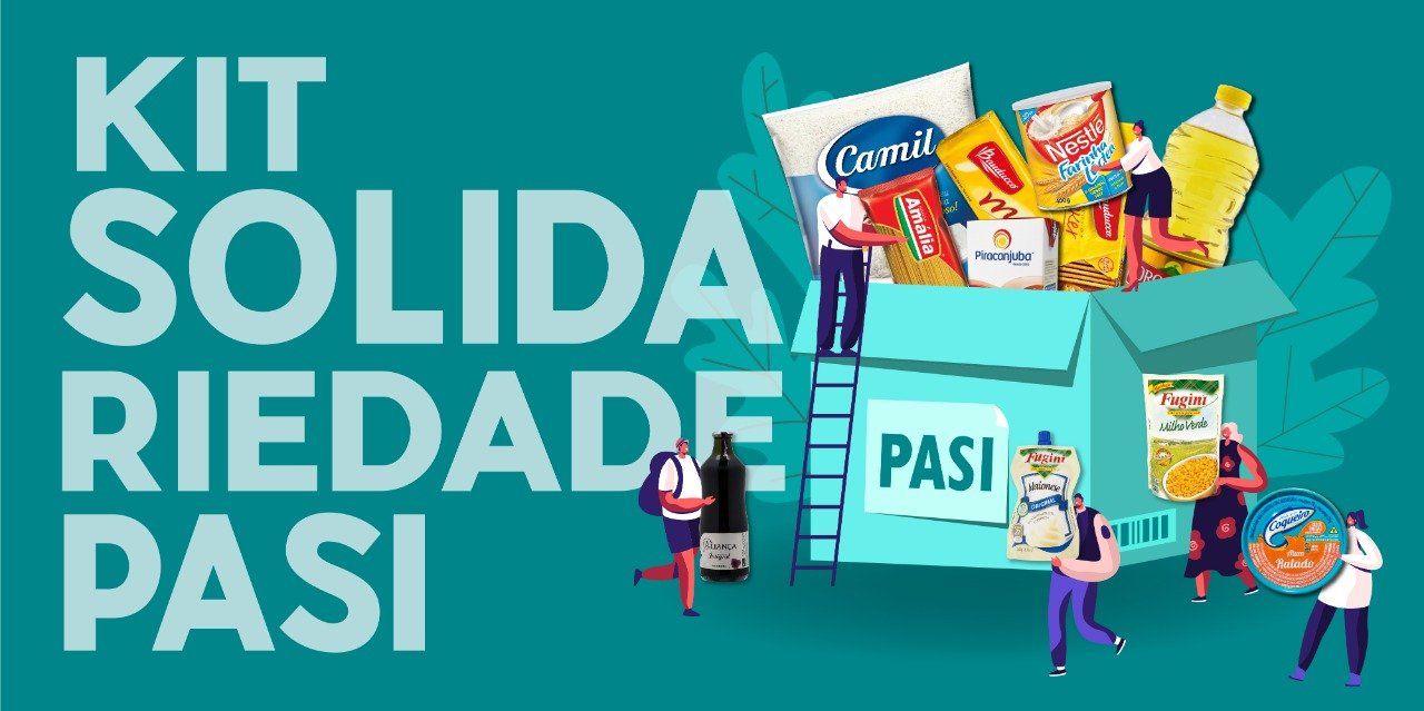 Um grupo de pessoas está em volta de uma caixa cheia de comida.