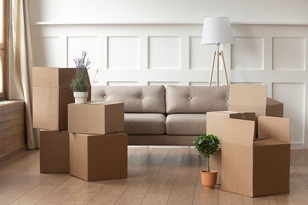 Residential Moving Services — Cardboard Boxes in Modern House Living Room in Albuquerque, NM Residential Moving Services — Cardboard Boxes in Modern House Living Room in Albuquerque, NM