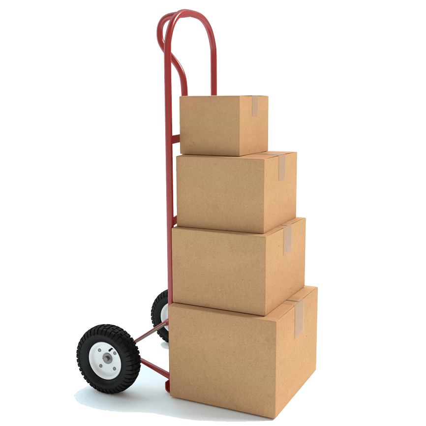 Red hand truck with four stacked cardboard boxes.