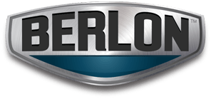 A silver and blue berlon logo on a white background