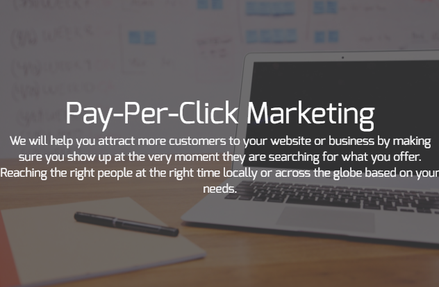 A laptop with the words pay-per-click marketing on it