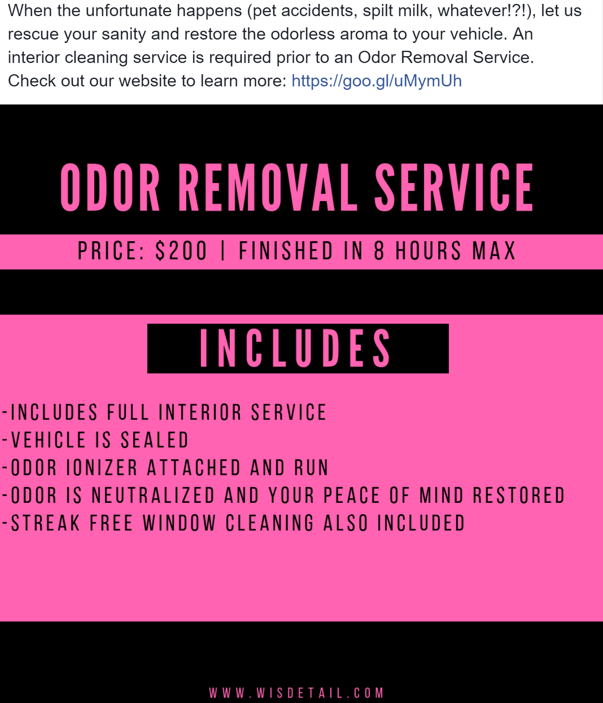 A pink and black poster for an odor removal service.
