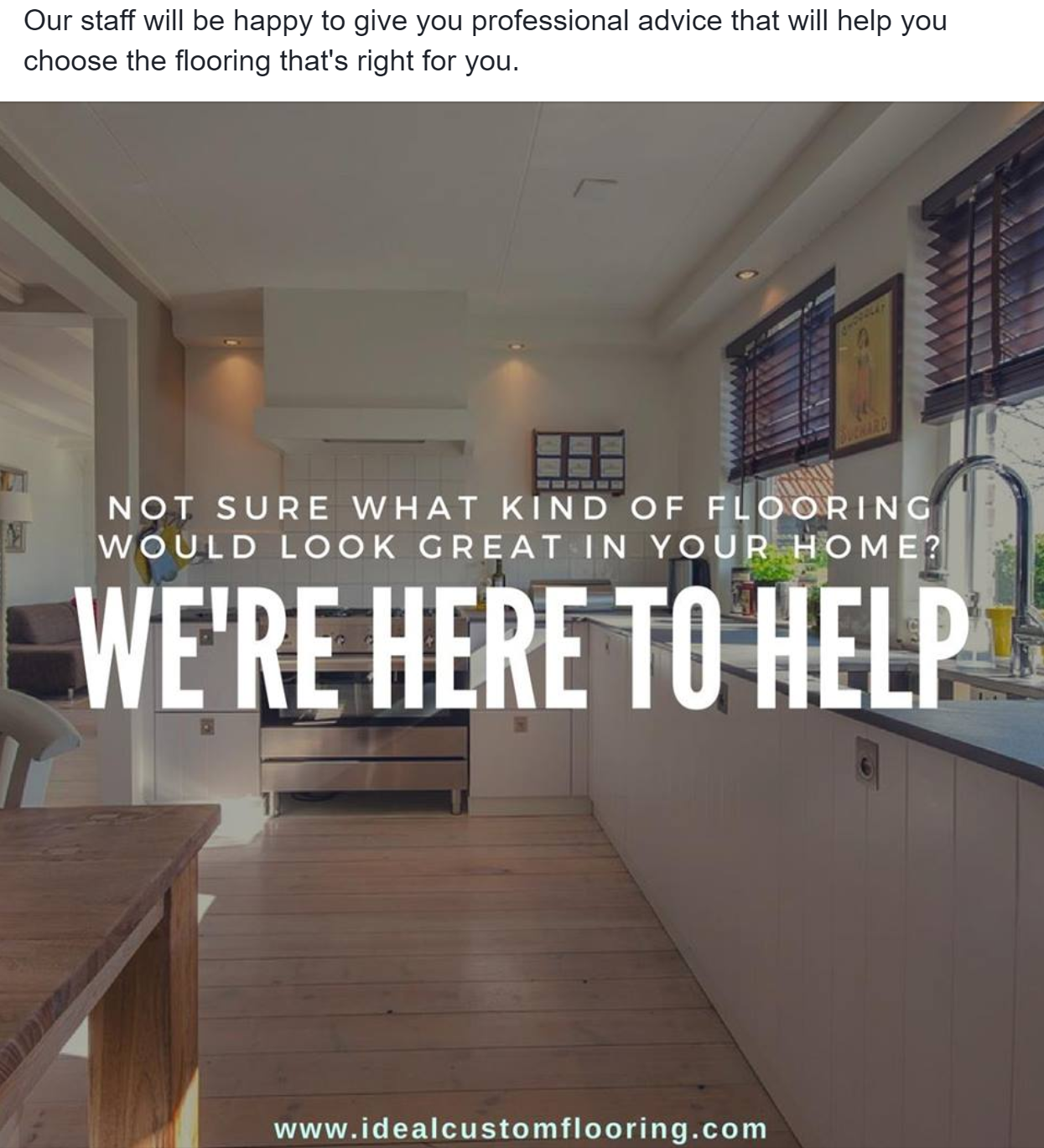 A picture of a living room with the words `` we 're here to help ''
