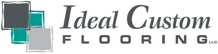 The logo for ideal custom flooring is a gray , blue , and white logo.