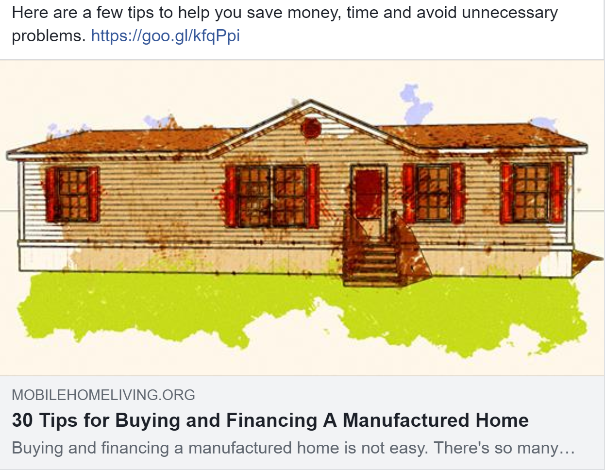 A picture of a manufactured home with the words 30 tips for buying and financing a manufactured home