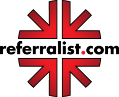 Red and black referralist.com logo; red arrow design.
