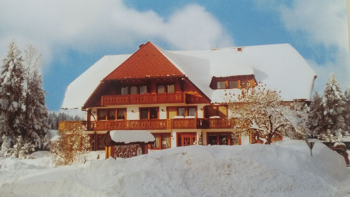 Ein großes Haus mit einem roten Dach ist mit Schnee bedeckt
