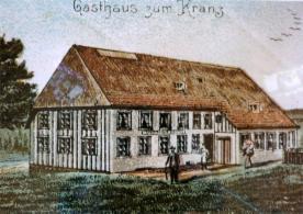 Ein altes Gemälde eines Hauses mit einem roten Dach