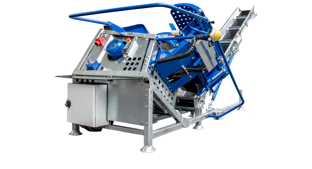 Eine blau-silberne Maschine steht auf einer weißen Oberfläche.