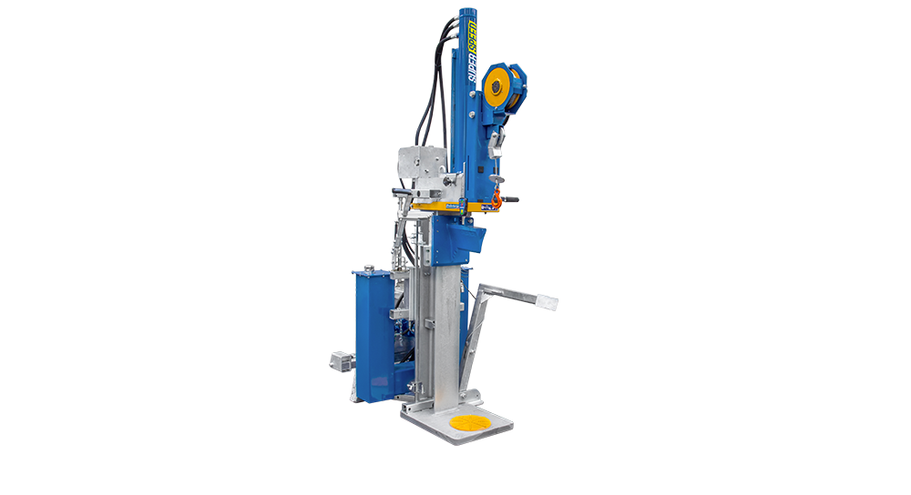 Eine blau-weiße Maschine steht auf einer weißen Oberfläche.