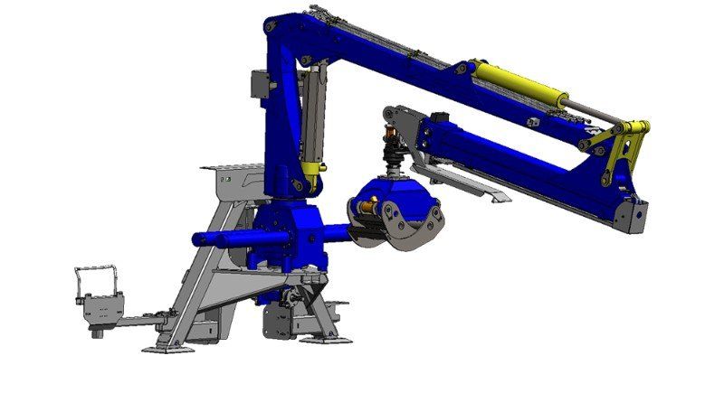 Ein blau-gelber Kran mit einem hydraulischen Arm auf weißem Hintergrund.