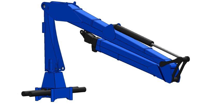 Auf weißem Grund ist ein blauer Kranarm abgebildet.