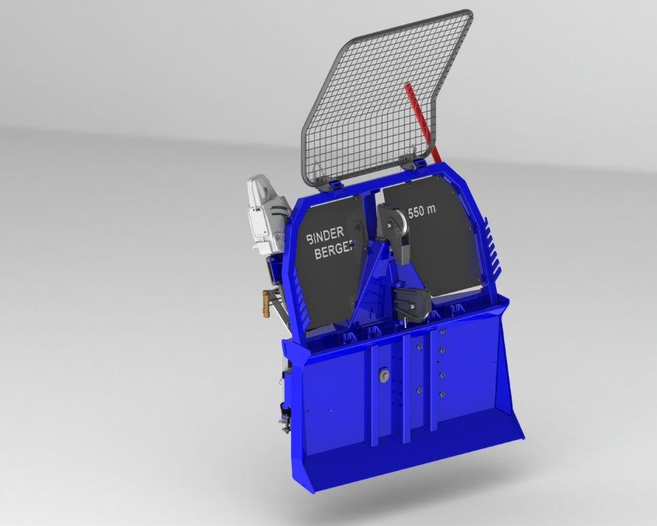 Ein 3D-Modell einer blauen Maschine mit einem Zaun darum