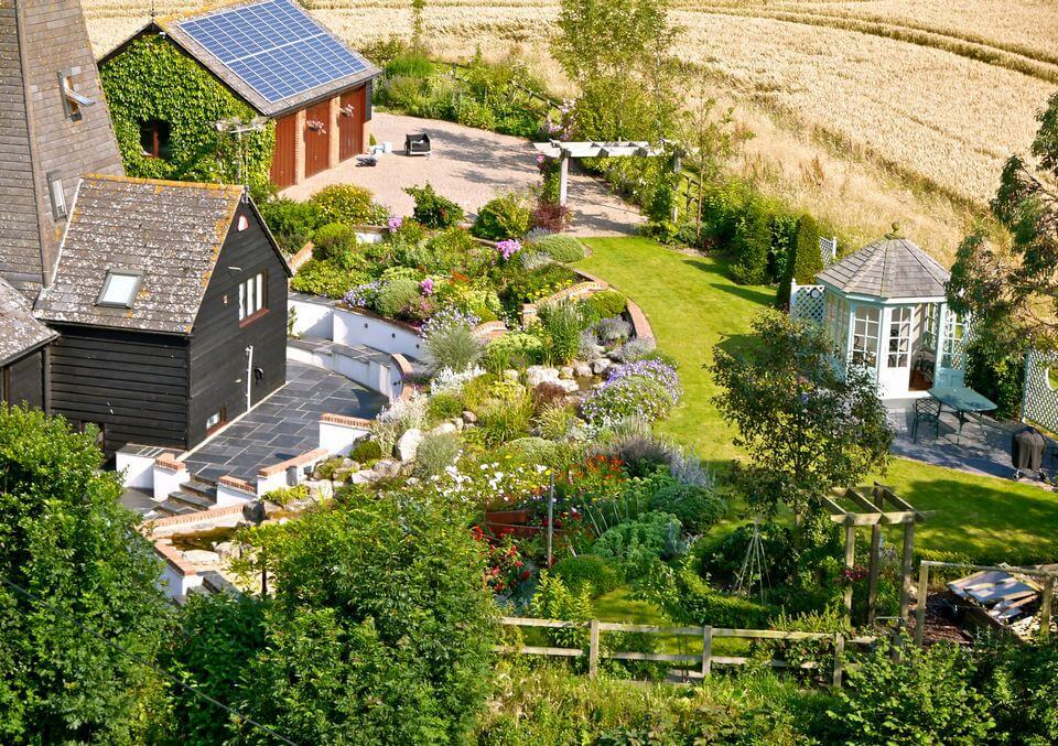 top view on a backyard garden of a mansion