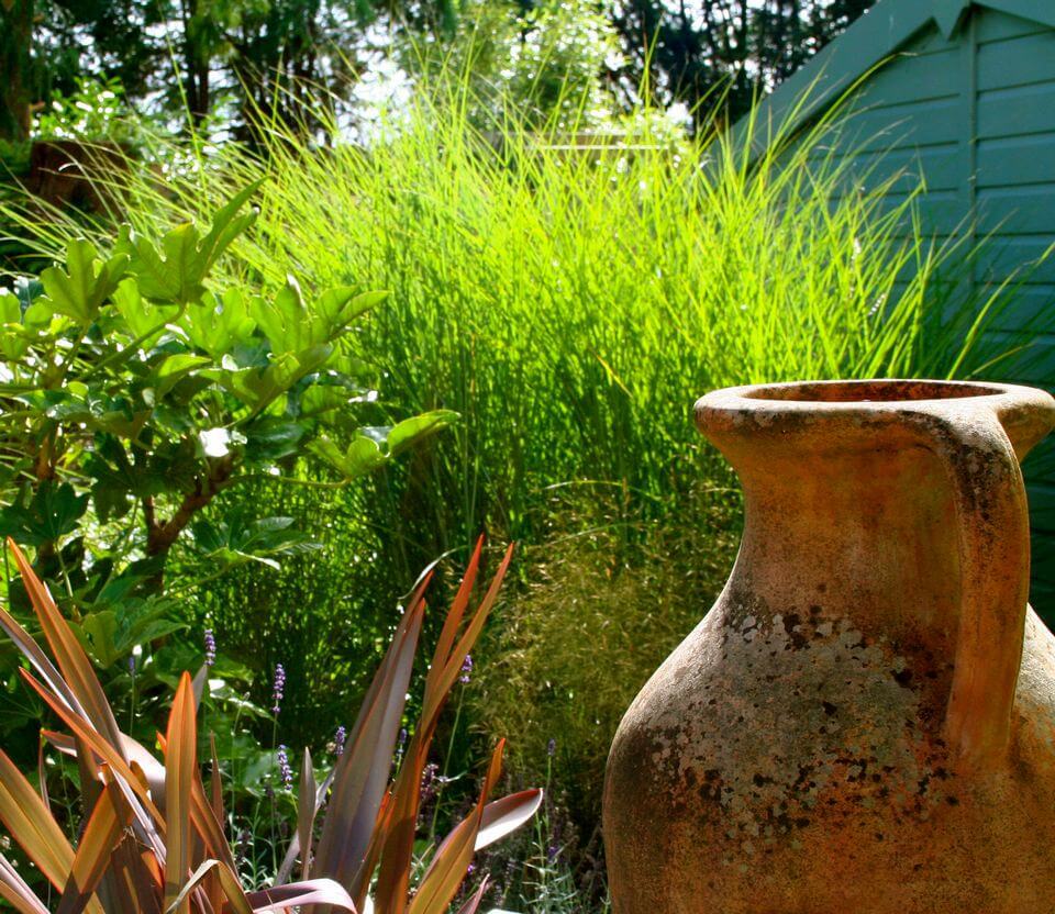 garden arrangement of tall grass and ceramic pot