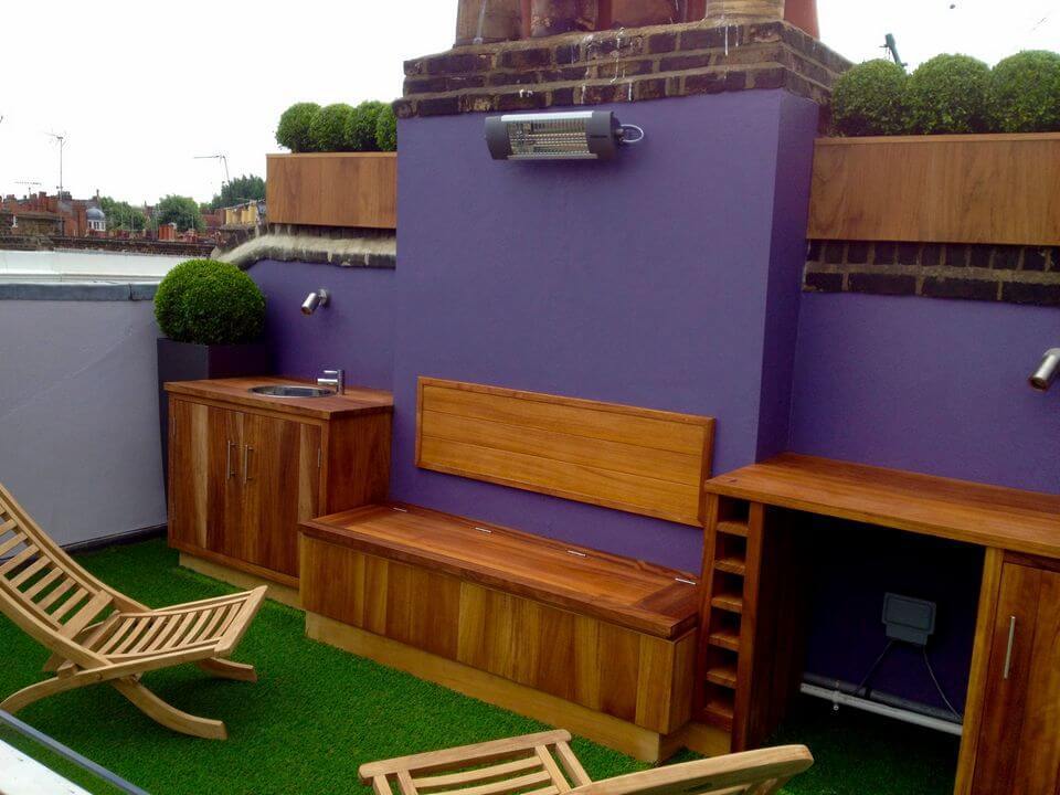 wooden furniture on a roof garden