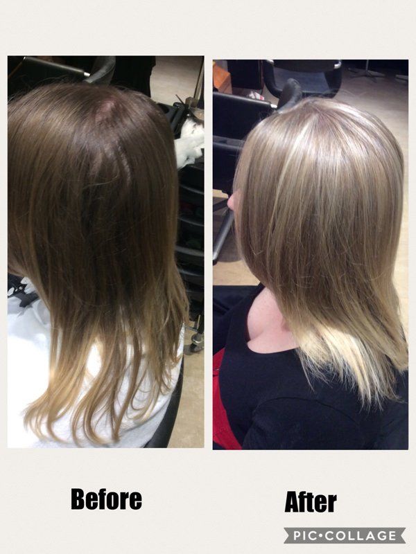 Before and after of a hair lightening