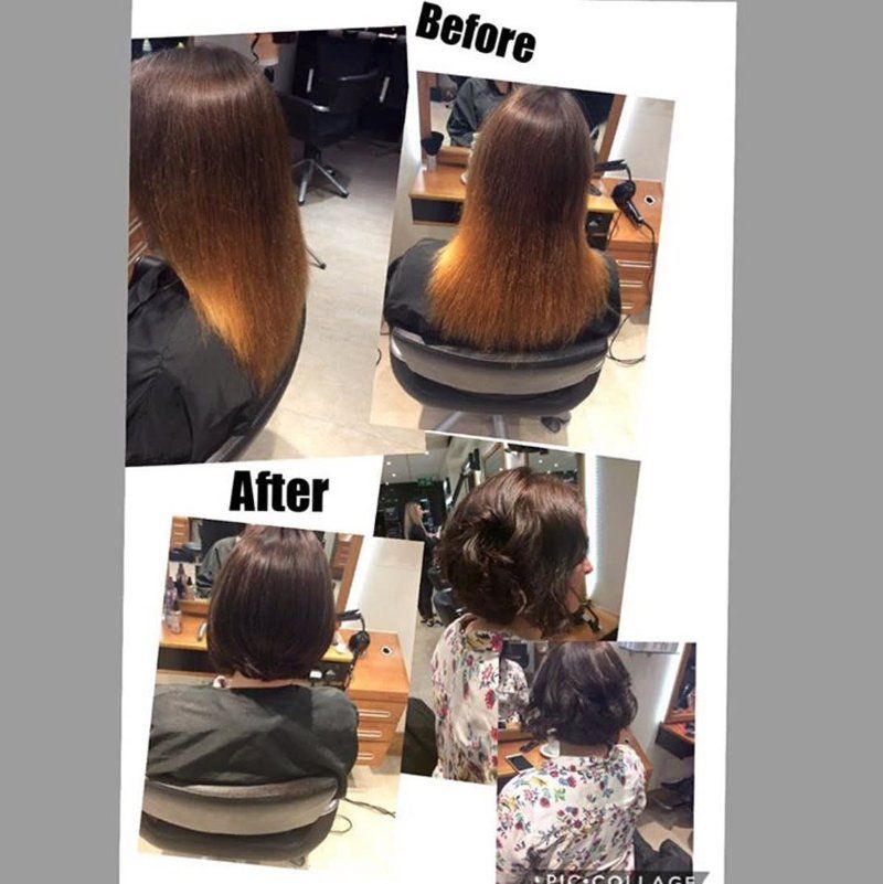 Before and after of hair being dyed dark brown