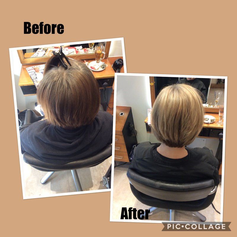 Before and after of a women's hair colouring