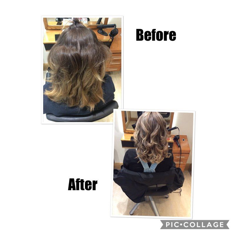 Before and after of a hair curling and styling