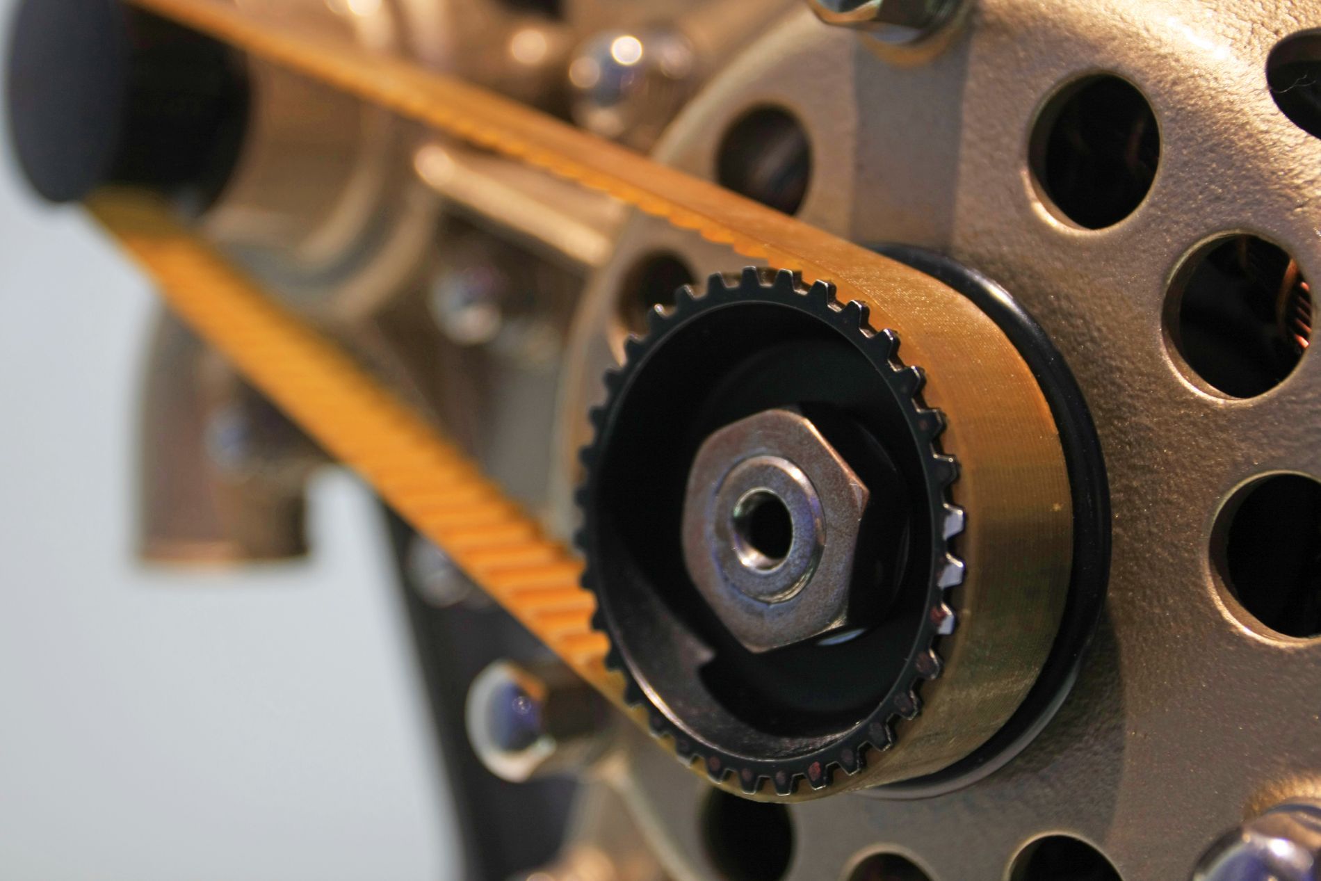 Close-up of a serpentine belt on an engine pulley, belt and hose replacement service in Cincinnati, OH