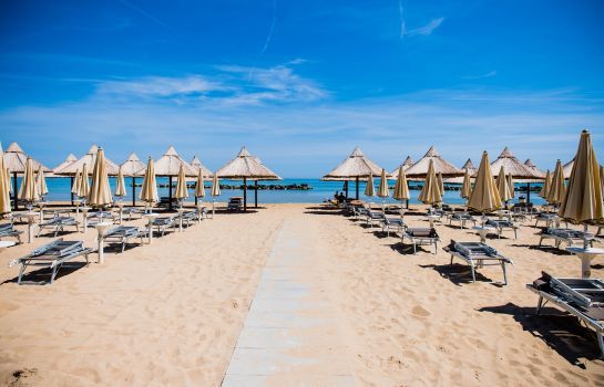  ombrelloni e sdraio sulla spiaggia.