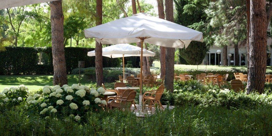 Una fila di tavoli e sedie sotto gli ombrelloni in un parco