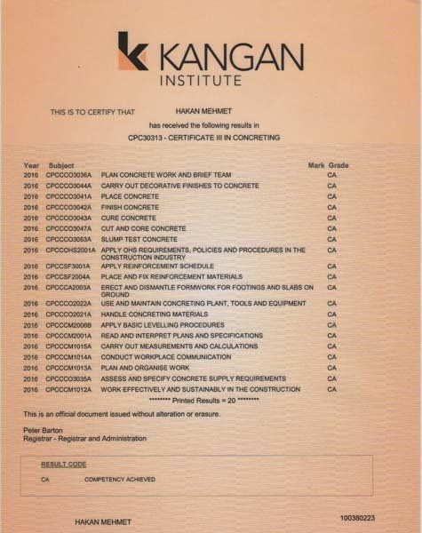 certificate of concreting paper
