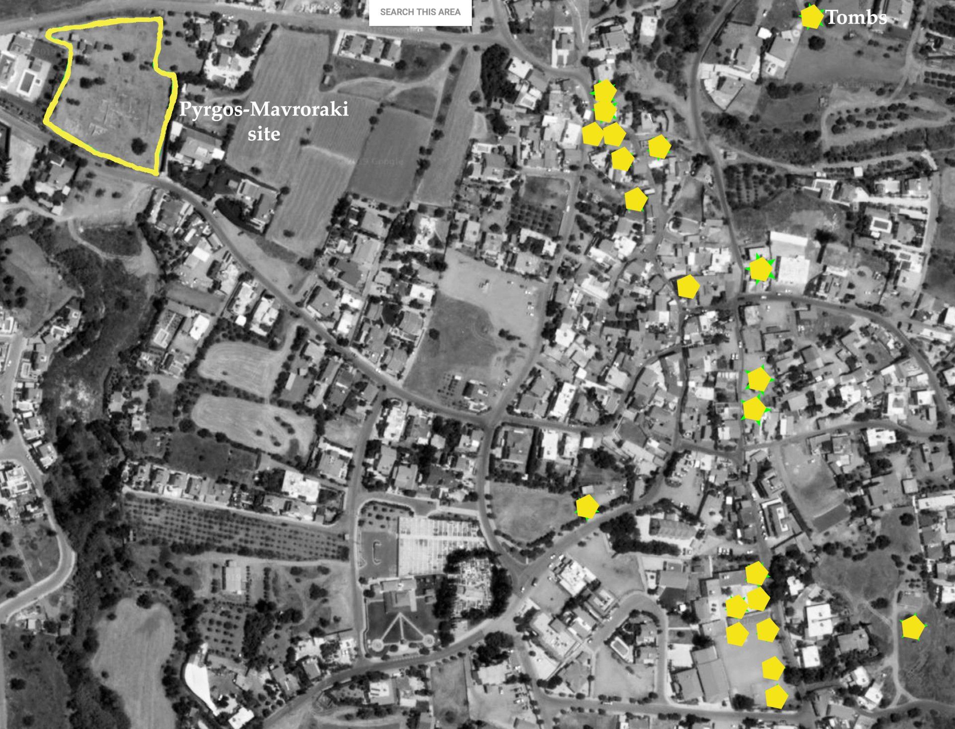 Pyrgos excavation and EMBA Tombs location