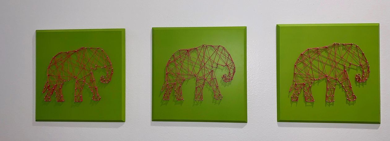 Three green canvases with elephants on them are hanging on a wall