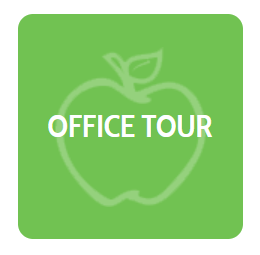 A green square with an apple and the words office tour on it.