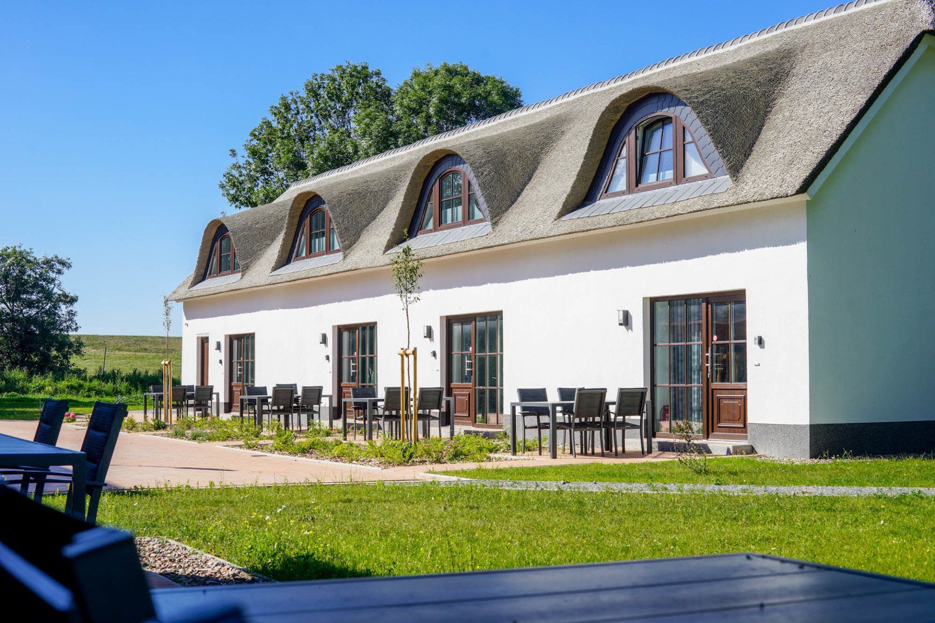 Weiße Ferienhäuser mit Reetdach und Terrasse vor gepflegter Rasenfläche.